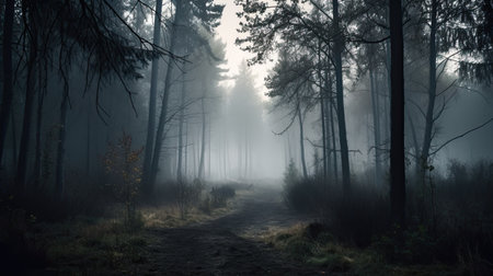 Mystical foggy forest in the morning. Mysterious mystical landscapeの素材