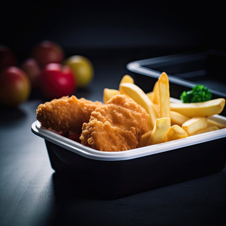 Fast food. Fried chicken and french fries on a black background.の素材