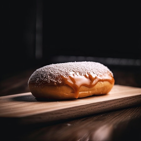 Chocolate donut with icing sugar on wooden board, dark backgroundの素材