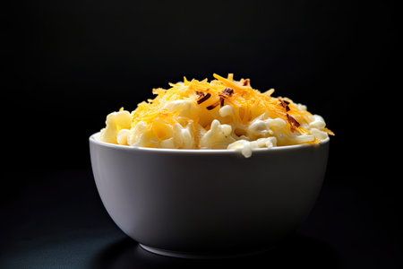 Macaroni and cheese in a bowl on a black background.の素材