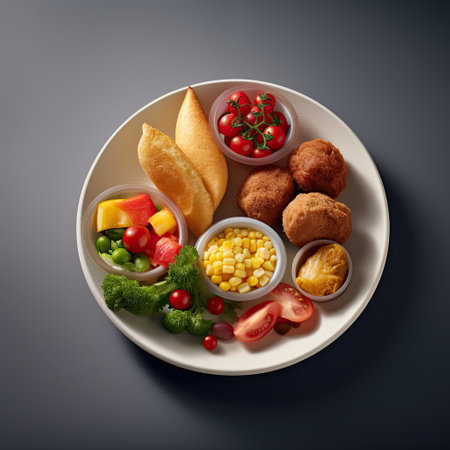 Fried meatballs with vegetables on plate on dark background. Top viewの素材