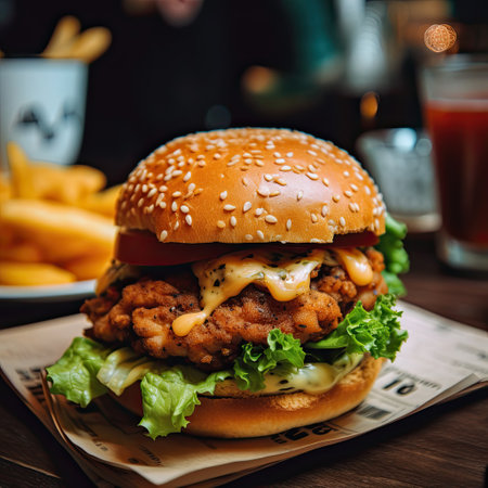 fast food hamburger and french fries on a wooden table in a restaurantの素材