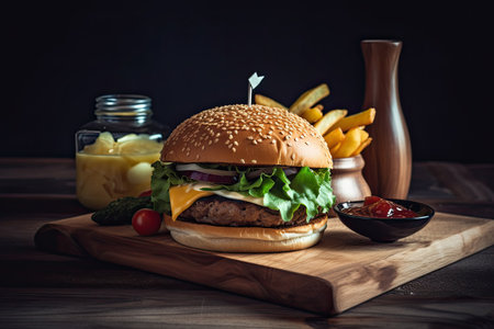 Hamburger with french fries and ketchup on a wooden boardの素材