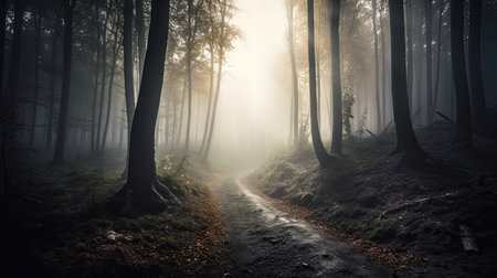 Mysterious dark forest with fog and footpath in the morningの素材
