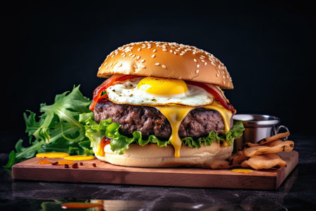 Hamburger with cheese, fried egg and french fries on black backgroundの素材