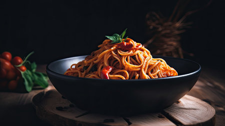 Spaghetti with tomato sauce and basil in black bowl on wooden tableの素材