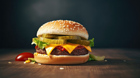 Closeup of tasty cheeseburger on wooden table with copy spaceの素材