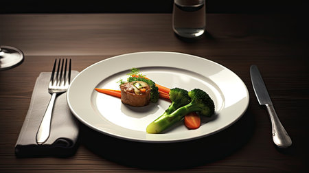 Steak with vegetables on a white plate on a wooden table.の素材