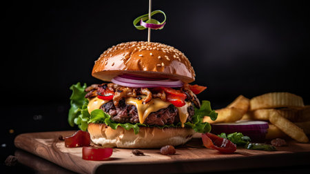 Cheese burger - American cheese burger with Golden French fries and fresh saladの素材