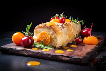Cake with tangerines and berries on a black background.の素材
