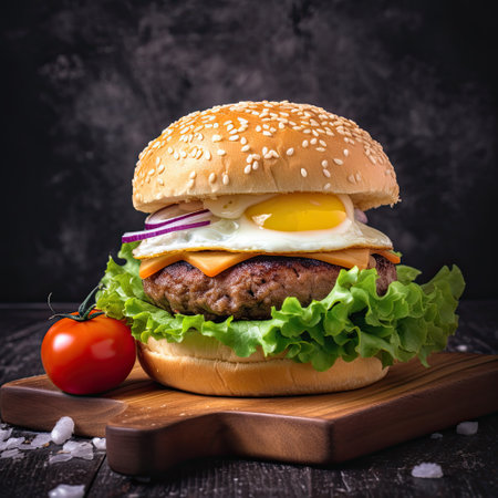Cheese burger with beef patty and fresh vegetables on wooden board over dark backgroundの素材