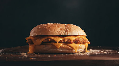 Cheeseburger with melted cheese on wooden table. Toned imageの素材