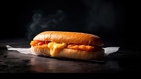 Hot dog with smoked salmon on a black background. Toned.の素材