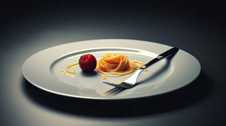 Spaghetti with strawberry on a plate with a knife. Toned.の素材