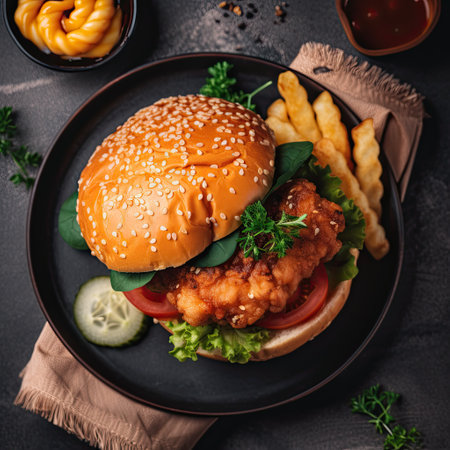 Hamburger with fried chicken, french fries and vegetables on black backgroundの素材