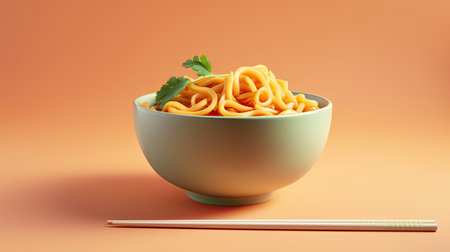 Noodles in bowl with chopsticks on orange background. 3d renderingの素材