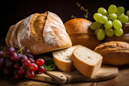 Composition with bread and grapes on a wooden table. Dark background.の素材