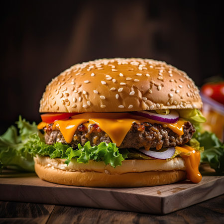 Cheese burger - American cheese burger with fresh salad on wooden backgroundの素材