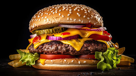 Big tasty hamburger with beef patty, cheese, tomato, onion and lettuce on black backgroundの素材