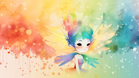 Cute little fairy with rainbow wings on colorful watercolor background.の素材