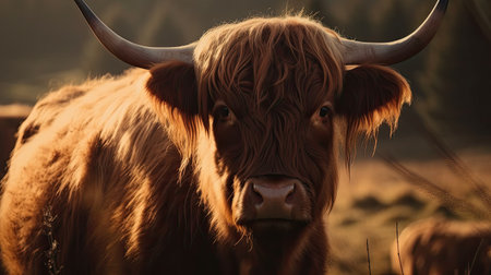 Portrait of a Highland Cattle at sunset, Scotland, UKの素材