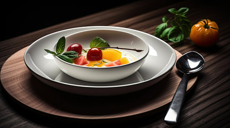 Fried eggs with cherry tomatoes and basil on a plate on wooden backgroundの素材