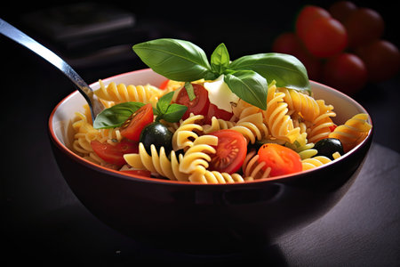 Pasta salad with cherry tomatoes, olives and basil on black backgroundの素材