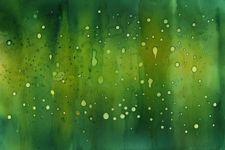Watercolor green and yellow background with drops of rain. Watercolor background.の素材