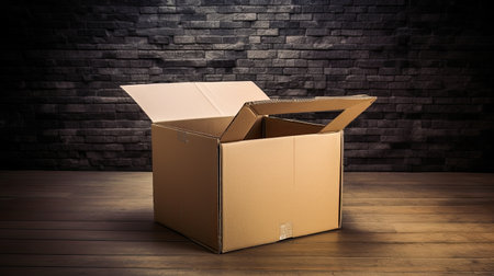 Open cardboard box on a wooden floor against a brick wall. 3d renderingの素材