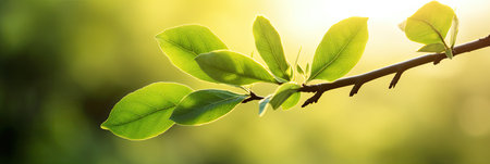 Fresh green leaves on a branch in the sunlight. Nature background.の素材