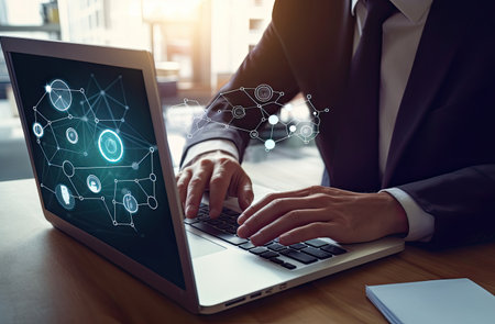 businessman working with laptop on wooden desk in office with social network diagramの素材
