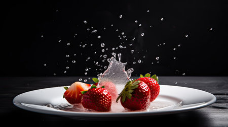 Strawberries falling into a white plate with water splashes on black backgroundの素材