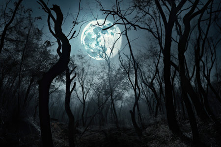 Full moon over the forest in full moon light. Halloween concept.の素材