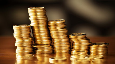 Stacks of gold coins on wooden table and blurred background with copy spaceの素材