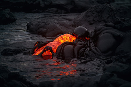 Flaming lava on the beach at night in Lanzaroteの素材