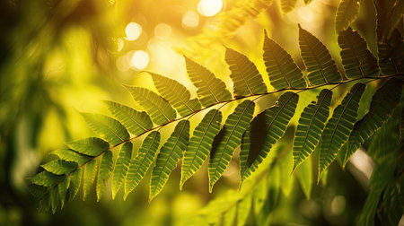 Green fern leaves in sunlight. Nature background with copy space.の素材