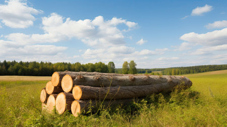 Logs in the field with blue sky and white clouds as backgroundの素材