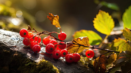 Red berries of viburnum on a branch in the forest.の素材