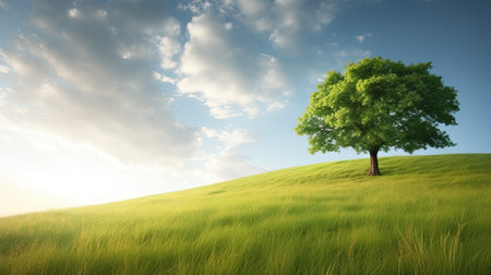 Green meadow with lonely tree on sky background. 3d renderの素材