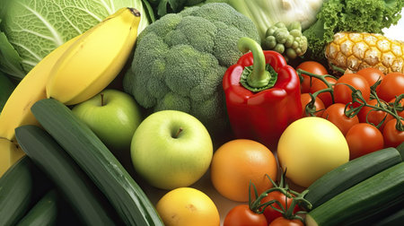 Composition with fresh fruits and vegetables, closeup. Balanced dietの素材