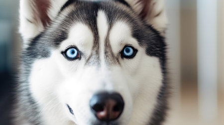 Close up of cute siberian husky dog with blue eyesの素材