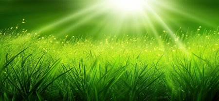 Green grass background with sun rays and lens flare. 3d renderingの素材