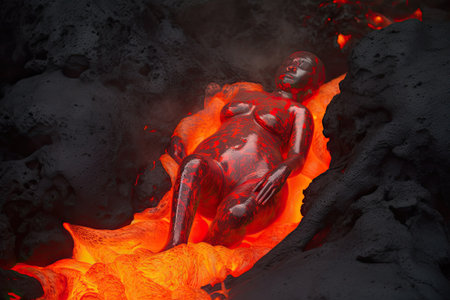 3d rendering of a female figure in the flames of a volcanoの素材