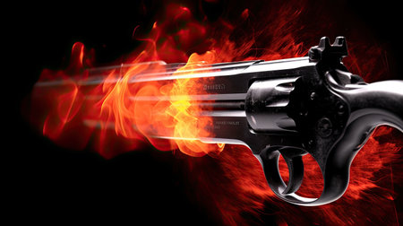 Gun on fire with smoke isolated on black background, 3d illustrationの素材