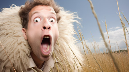 Surprised young man in a sheepskin coat in the fieldの素材