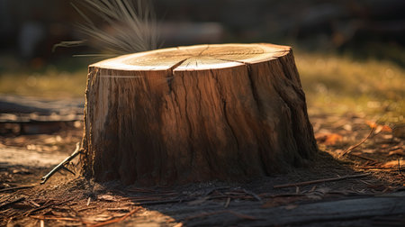 Wooden stump in the forest in the rays of the setting sunの素材