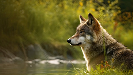 Portrait of a wild wolf sitting on the banks of a riverの素材