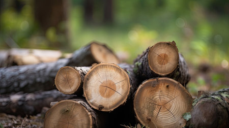 Pile of cut trees in the forest, close-up.の素材