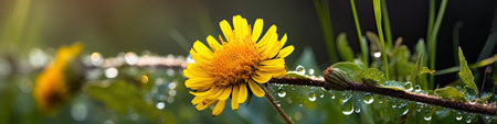 Yellow dandelion flower on green grass with drops of dewの素材