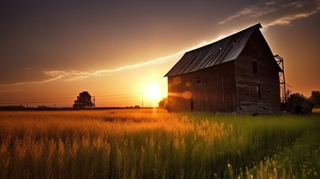Sunset over a barn in a field with a grain field in the foregroundの素材